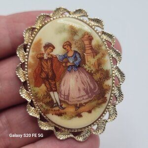 Vintage Victorian Courting Scene Pin Brooch Pendant Gold Tone Mid Century Modern